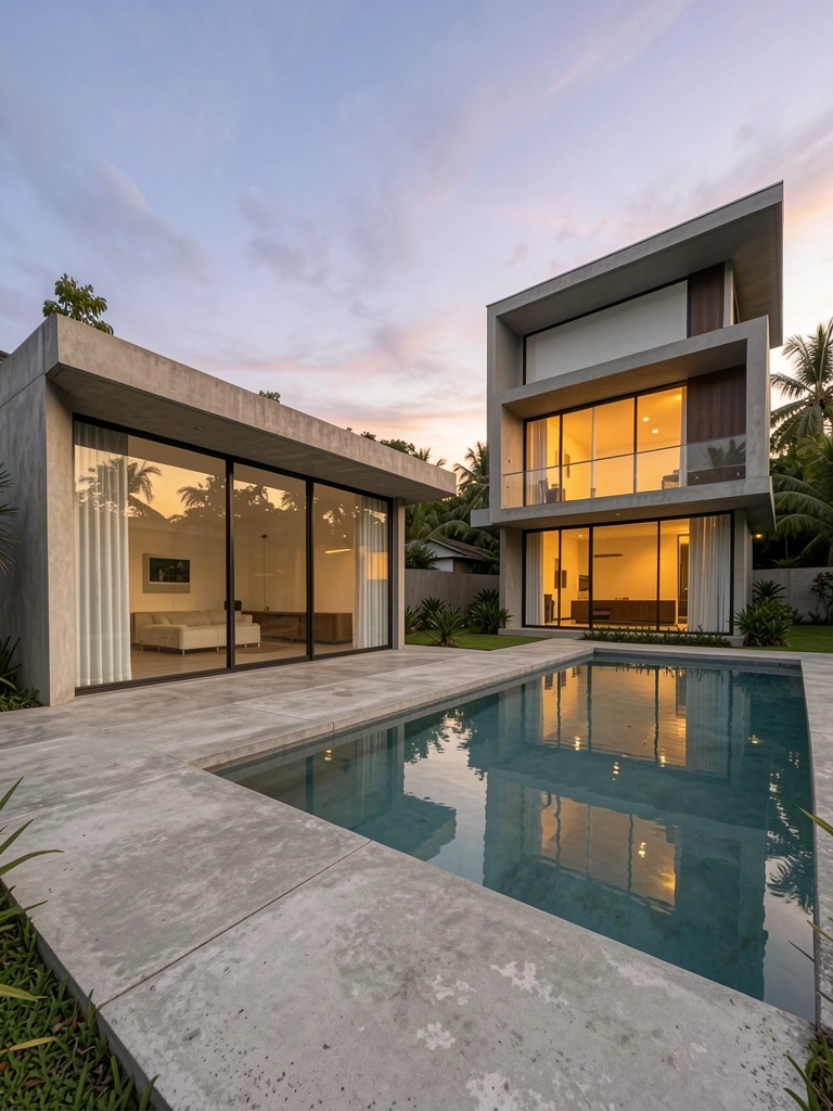 Casas modernas com vidros amplos e piso de concreto, refletindo o céu crepuscular e a piscina calma; uma térrea e outra sobrado com varanda e luz interna.