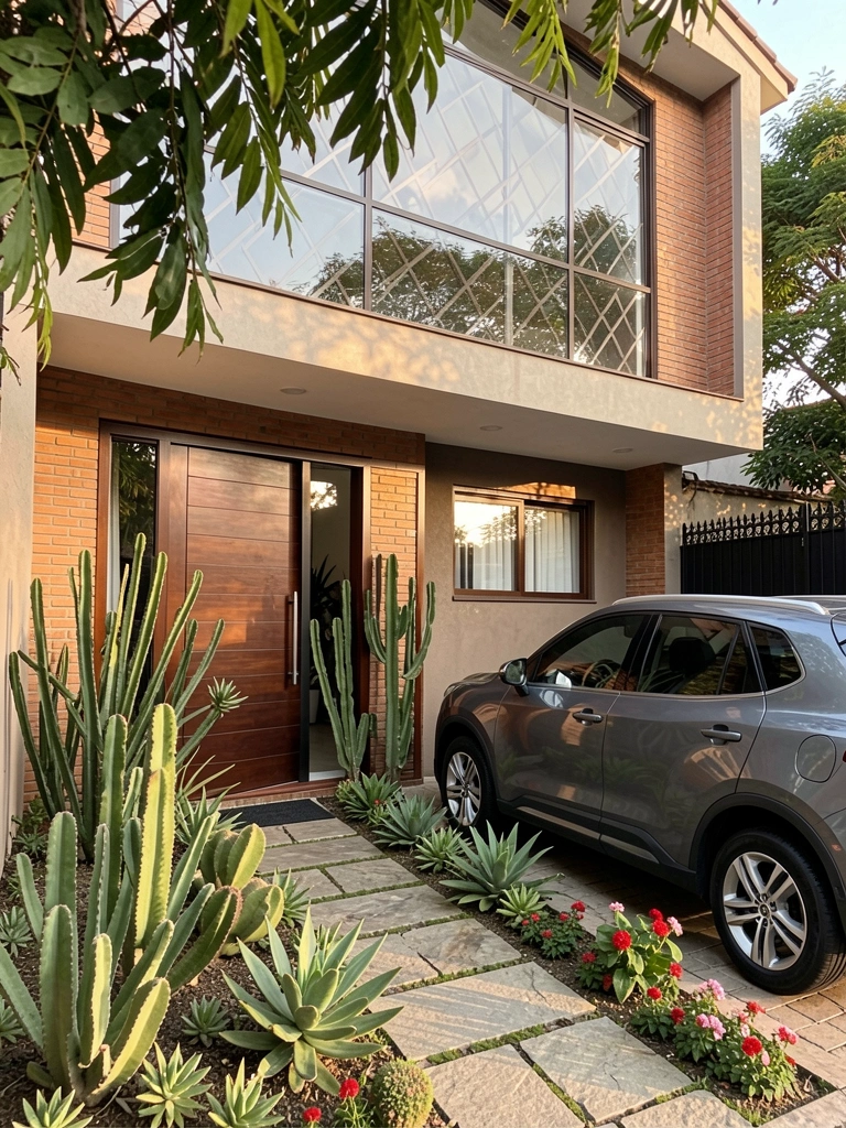 Casa de dois andares com fachada de tijolos, porta pivotante de madeira escura e vidro com grade decorativa, SUV cinza na garagem, plantas e cactos ao lado do caminho de pedra.