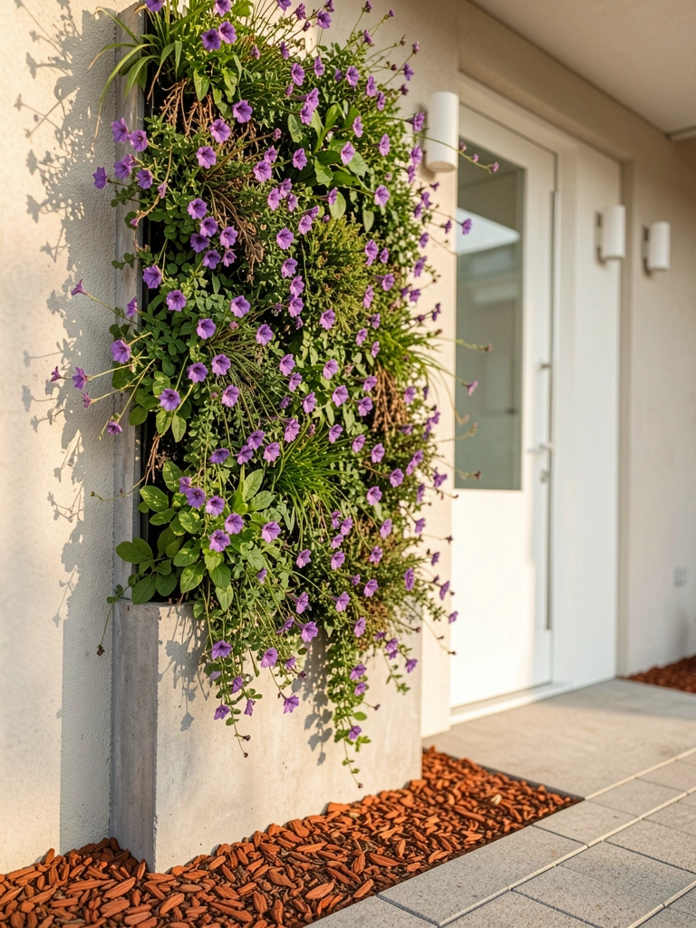 Jardim vertical com flores roxas e folhagens verdes em vaso de concreto cinza sobre mulching e pedras, porta branca com painel de vidro e luzes de parede minimalistas, luz natural suave.