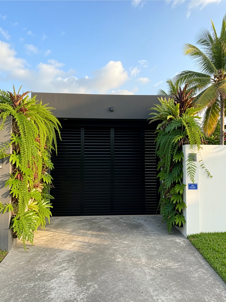Fachada cinza escura com porta preta de lâminas horizontais, muro branco baixo e jardim vertical verdejante sob céu azul com nuvens.