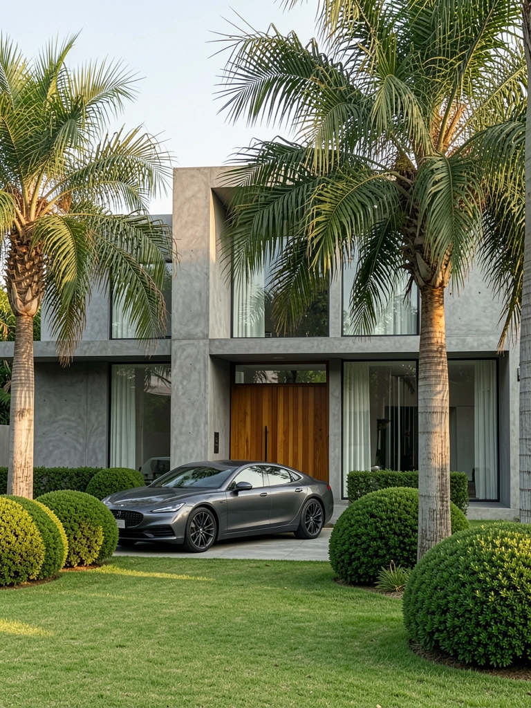 Casa de concreto cinza com porta de madeira e grandes janelas de vidro, cercada por palmeiras e gramado, carro escuro estacionado na entrada sob luz natural.