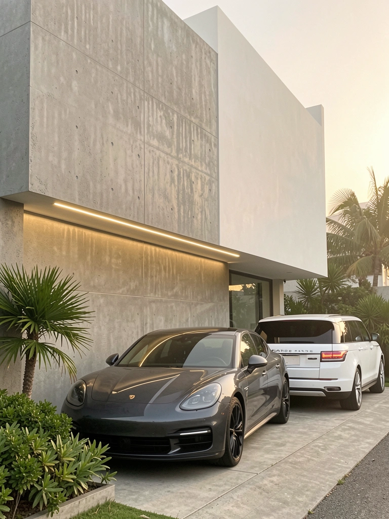 Fachada minimalista em concreto cinza com parede branca iluminada por LED horizontal, Porsche Panamera e Range Rover estacionados, vegetação e palmeira emolduram a cena sob luz natural.