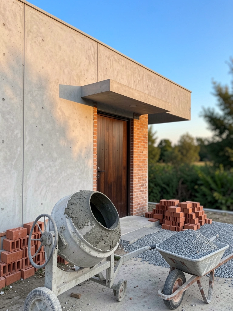Casa com fachada de concreto cinza claro, porta de madeira escura e tijolos à vista, betoneira e carrinho de mão no canteiro de obras, céu azul ao entardecer.