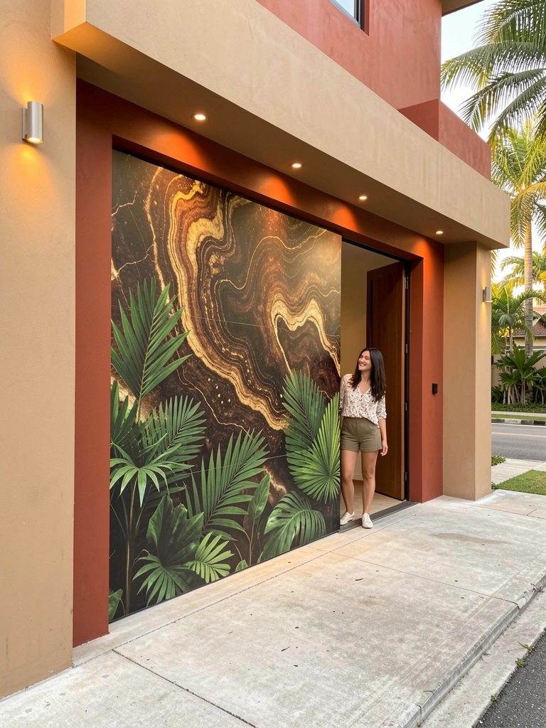 Garagem com porta de correr exibindo arte abstrata em tons de marrom, ouro e verde, parede terracota ao fundo e luz natural.