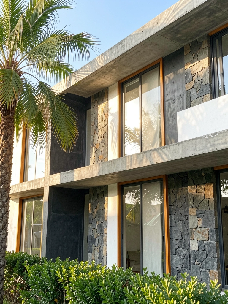 Fachada moderna com concreto exposto e pedra, grandes janelas de vidro refletindo o céu, palmeira e arbustos verdes no primeiro plano.
