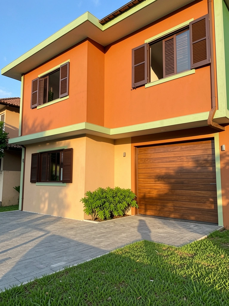 Fachada laranja terracota com detalhes verde-claros, janelas amplas com venezianas marrom-escuras e porta de garagem de madeira sob luz natural do dia.