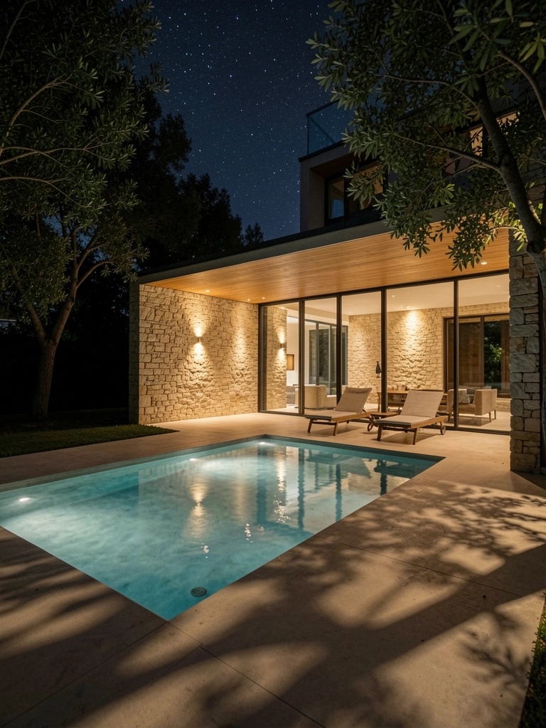 Casa com extensão de vidro e paredes de pedra iluminada por holofotes aquecidos, refletindo na piscina retangular à noite, com espreguiçadeiras ao redor.