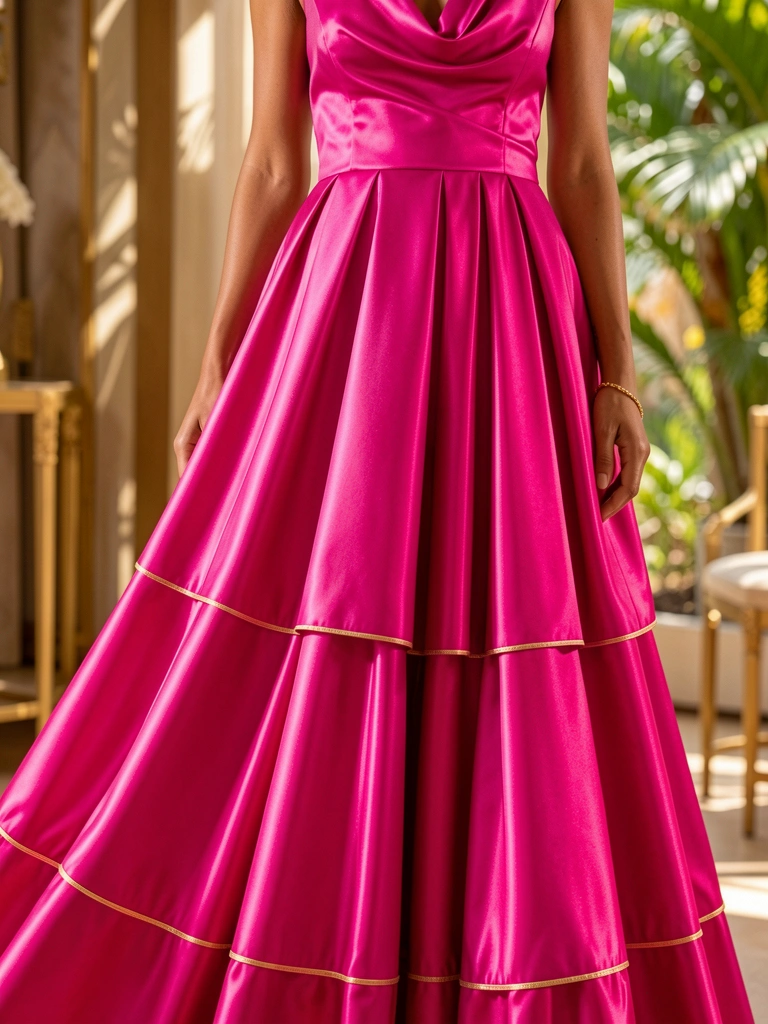 Vestido fúcsia acetinado com decote drapeado e detalhe dourado na barra, luz natural realçando o brilho do tecido, fundo desfocado com toques dourados.