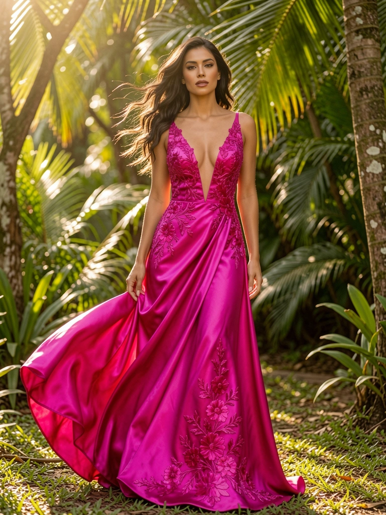 Vestido fúcsia de cetim com bordados florais, decote profundo, luz natural e folhagem ao fundo.