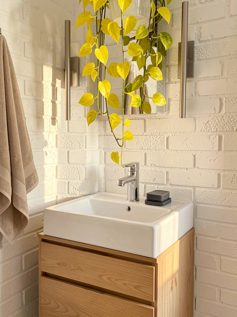 Lavatório branco de cerâmica com armário de madeira clara e gavetas, pothos amarelo pendente sobre arandelas de metal escovado, parede de tijolos brancos texturizados com luz natural.