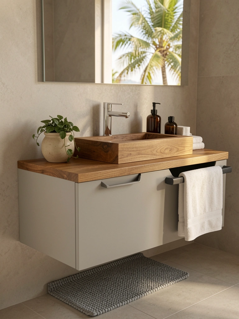 Lavatório flutuante cinza com cuba de madeira, toalha branca dobrada em barra escura e vaso com planta pendente, luz natural.