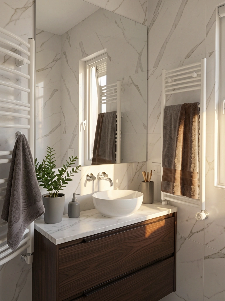 Mármore branco com pia esculpida, armário de madeira escura, toalha cinza e planta verde, luz natural difusa.
