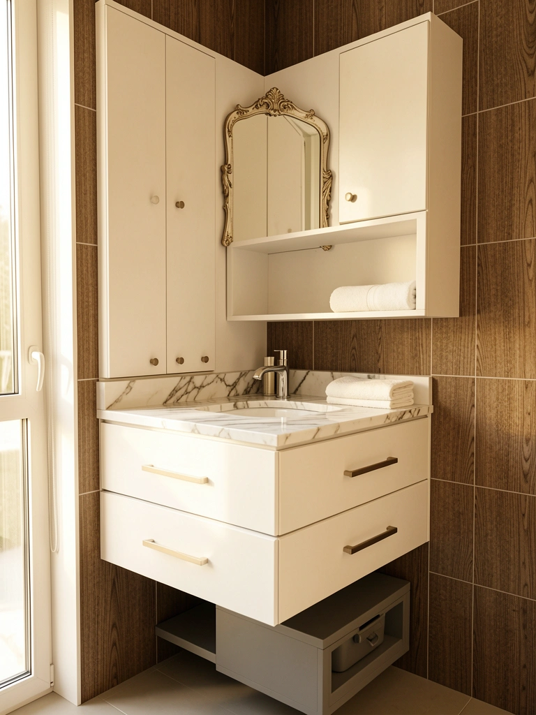 Armário de banheiro moderno com gavetões e tampo de mármore branco veio, pia embutida e prateleira com toalha dobrada, sob luz natural.