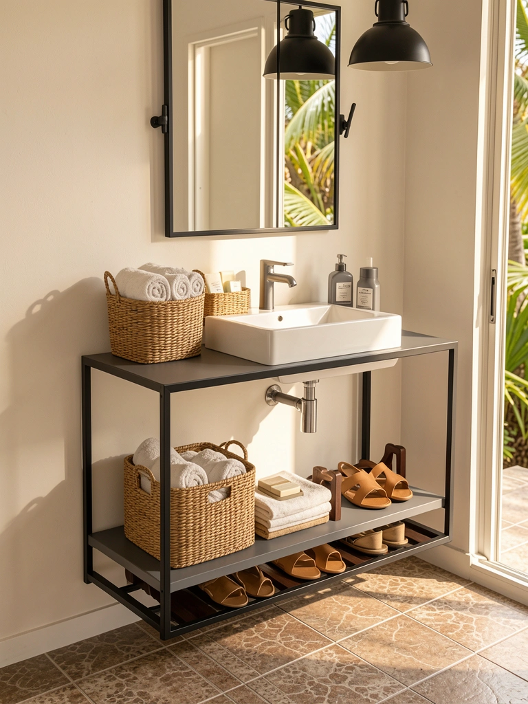 Armário flutuante cinza com cuba branca, cesta de vime com toalhas enroladas e tamancos de couro claro, luz natural