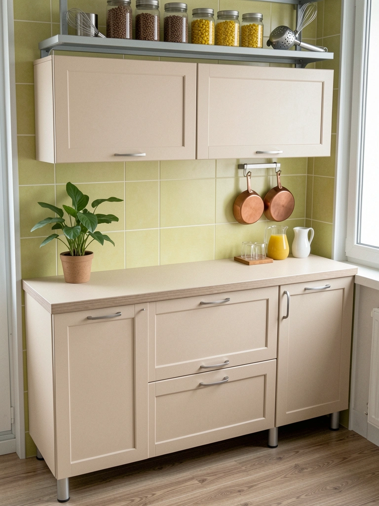 Estrutura de móvel sem pia, com portas e gavetas fechadas, em cozinha simples
