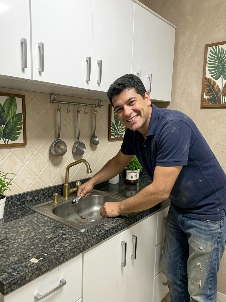 Técnico instalando pia de inox sobre gabinete de cozinha, com ferramentas ao lado