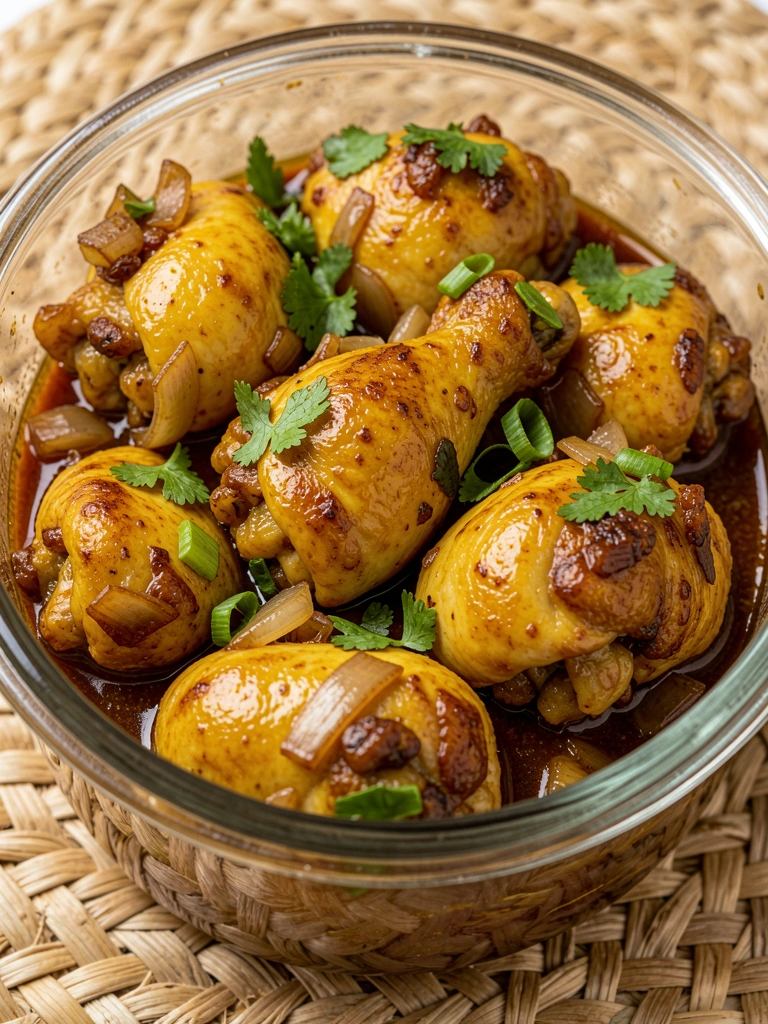 Frango caipira em molho escuro com cebola, alho e coentro, em pote de vidro sobre esteira de palha.