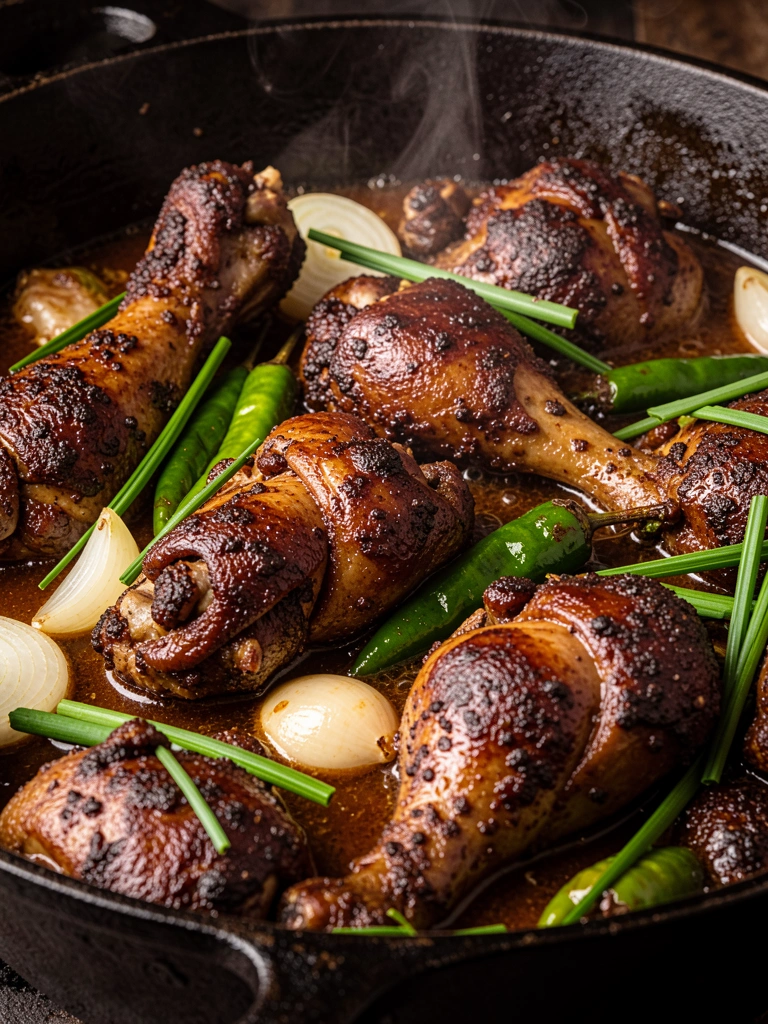 Cozido de frango em panela de ferro fundido escura, com cebola, pimentão verde e cebolinha, vapor subindo, iluminação difusa.