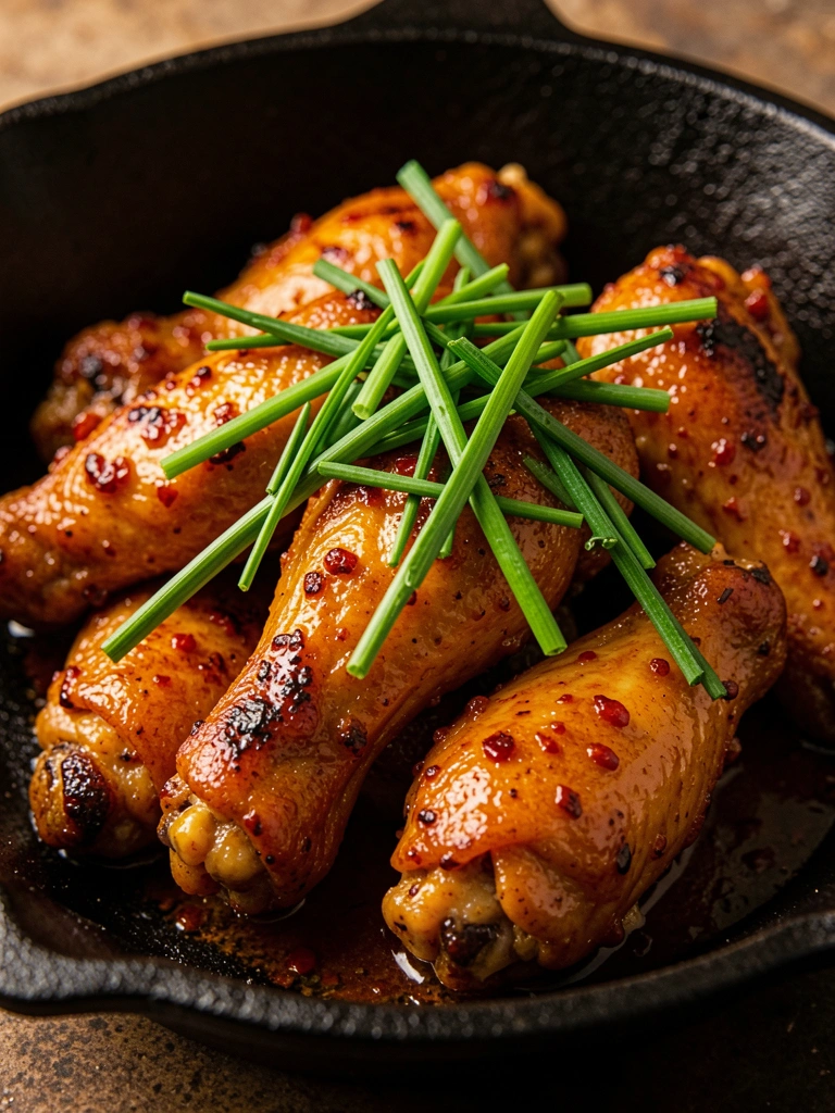 Frigideira de ferro fundido escura com asas de frango douradas em molho picante laranja-acastanhado, cobertas com cebolinhas verdes frescas, iluminação quente destacando texturas.