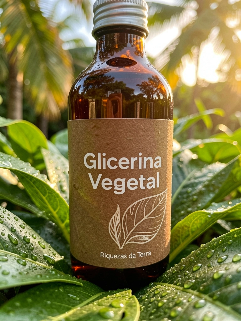 Frasco de glicerina âmbar escuro com rótulo texturizado e folhas verdes, luz natural e gotículas d