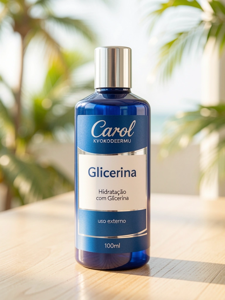 Frasco azul e branco de glicerina com detalhes prateados sobre superfície de madeira clara, luz natural suave e fundo desfocado.