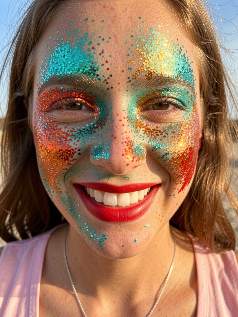 Close-up de mulher com glitter turquesa, laranja e dourado nos olhos e maçãs do rosto, sorriso genuíno e batom vermelho, luz natural externa.