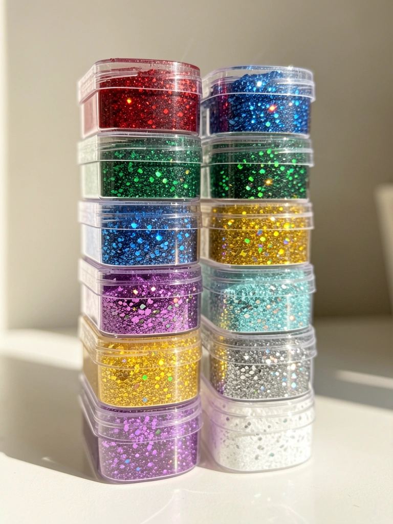 Doze potes plásticos transparentes empilhados com glitter colorido denso, refletindo luz natural intensa, fundo branco desfocado.