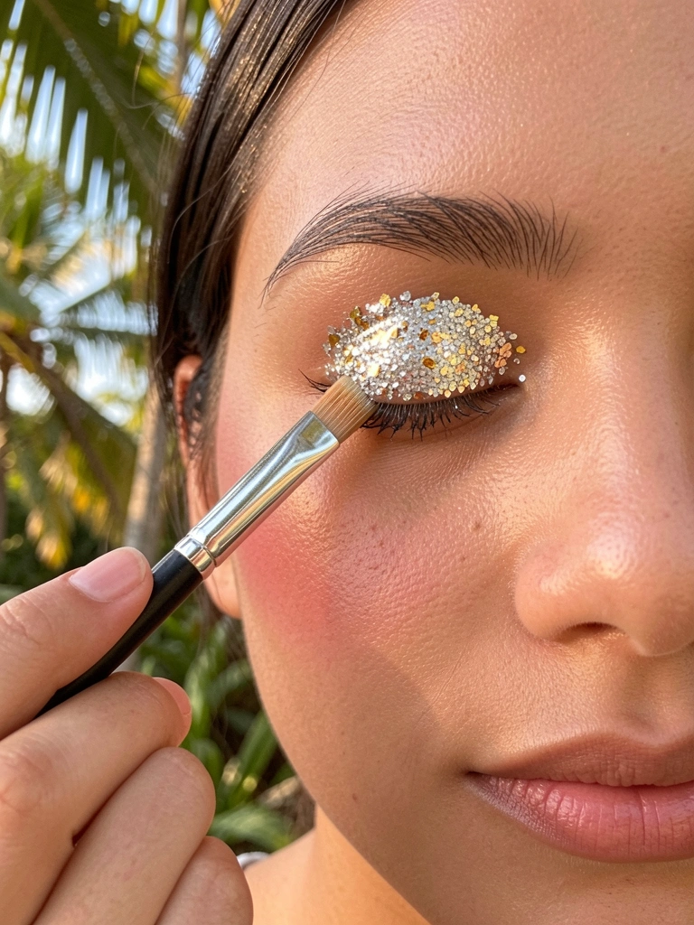 Close-up de olho feminino com glitter prateado e dourado aplicado com pincel chanfrado, pele radiante e luz natural filtrada por folhas ao fundo.