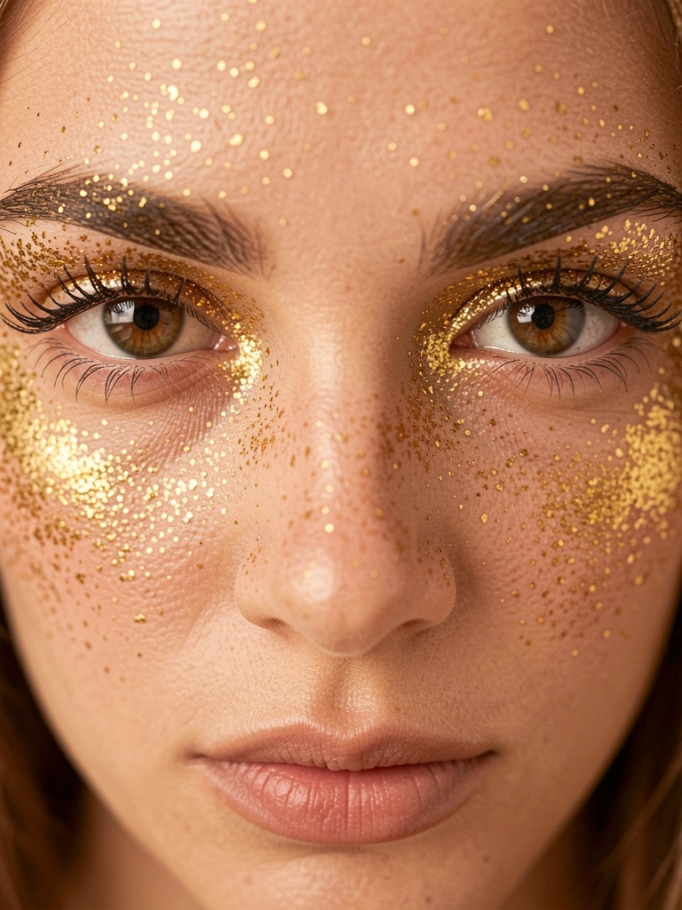 Close-up de rosto feminino coberto por glitter dourado denso, com luz difusa e quente destacando cílios e sobrancelhas.