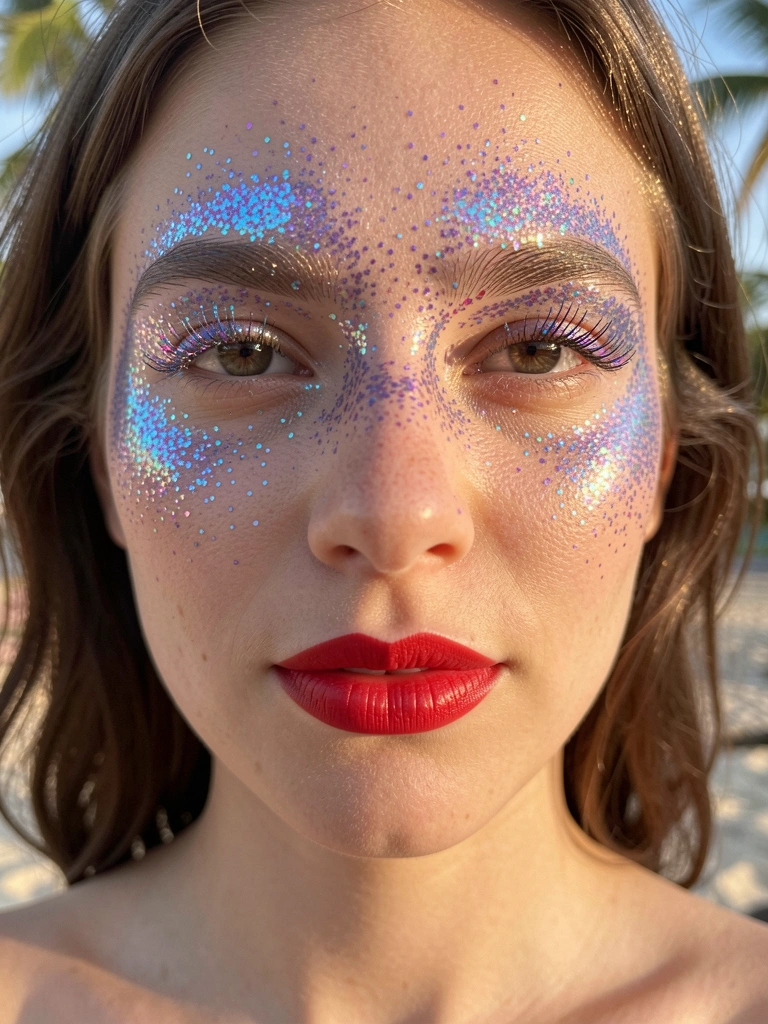 Close-up de rosto feminino com glitter iridescente azul, roxo e rosa nas maçãs do rosto, testa e cílios, lábios vermelhos, luz natural suave e fundo tropical desfocado.