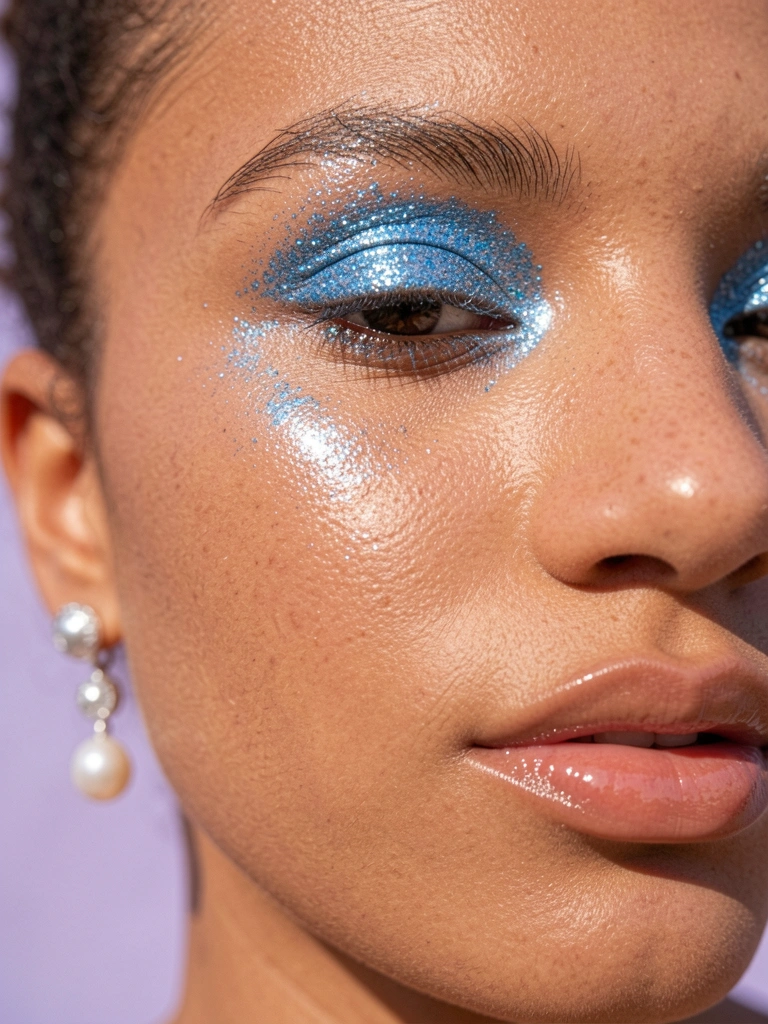 Close-up de jovem com sombra azul com glitter, brilho nas maçãs do rosto, brinco de prata e pérola, fundo lavanda desfocado.