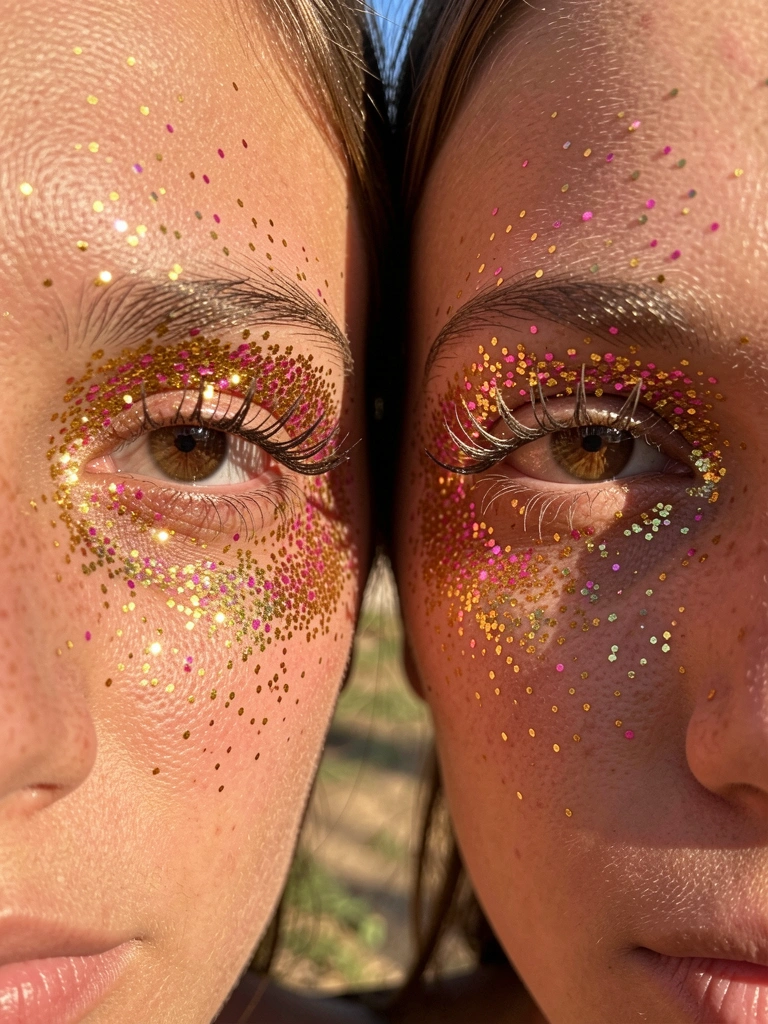 Rostos cobertos por glitter rosa e dourado concentrado nos olhos, cílios longos e olhar intenso, luz natural difusa com sombras suaves.