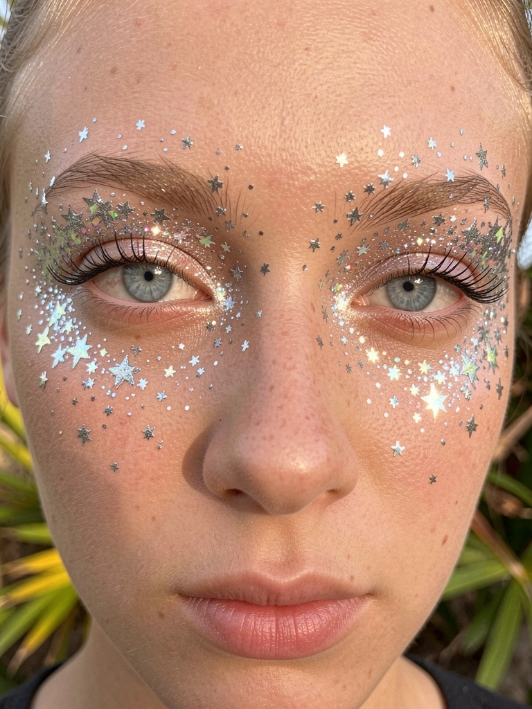 Macro close-up de olhos com glitter prateado e estrelas iridescentes, cílios longos e íris azul-claro refletindo brilho, luz natural difusa e folhagem tropical desfocada ao fundo.