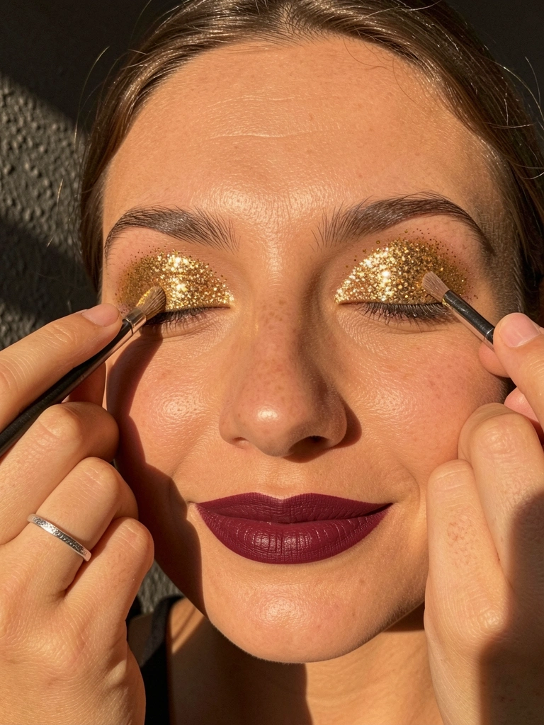 Close-up de mulher aplicando sombra glitter dourada nas pálpebras, sorriso sutil, lábios vinho, anel de prata, fundo escuro texturizado com luz solar difusa.