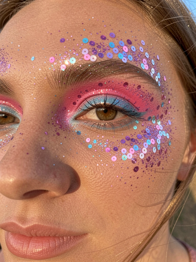Close-up de rosto feminino com sombra rosa e azul, glitter iridescente aplicado na testa e maçãs do rosto, luz natural suave destacando a textura da pele.
