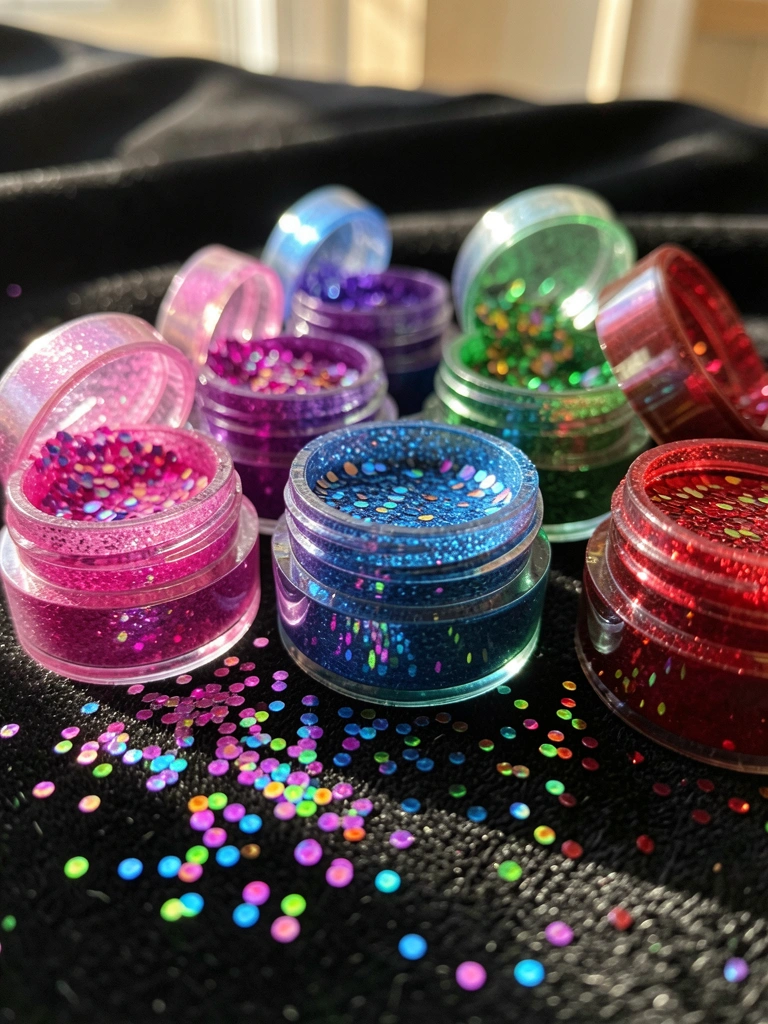 Potes de glitter iridescente nas cores rosa, roxo, azul, verde e vermelho sobre superfície preta aveludada, com glitter espalhado e luz natural refletindo.