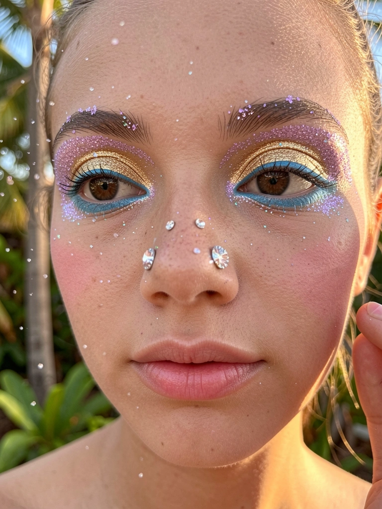 Close-up de rosto feminino com maquiagem brilhante: sombra dourada, glitter roxo nas maçãs do rosto e cílios, lantejoulas prateadas no nariz, luz natural quente e fundo desfocado com folhagens tropicais.