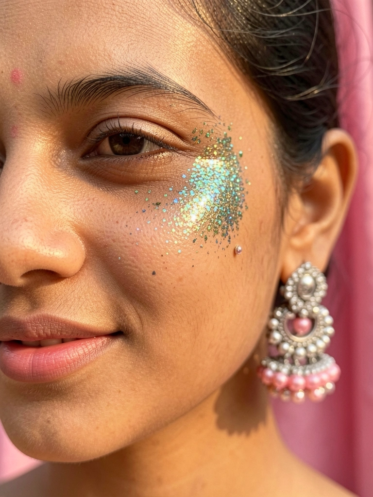 Close-up de uma jovem indiana com glitter iridescente verde, azul e dourado ao redor do olho e um grande brinco de prata e rosa, iluminado por luz natural suave.