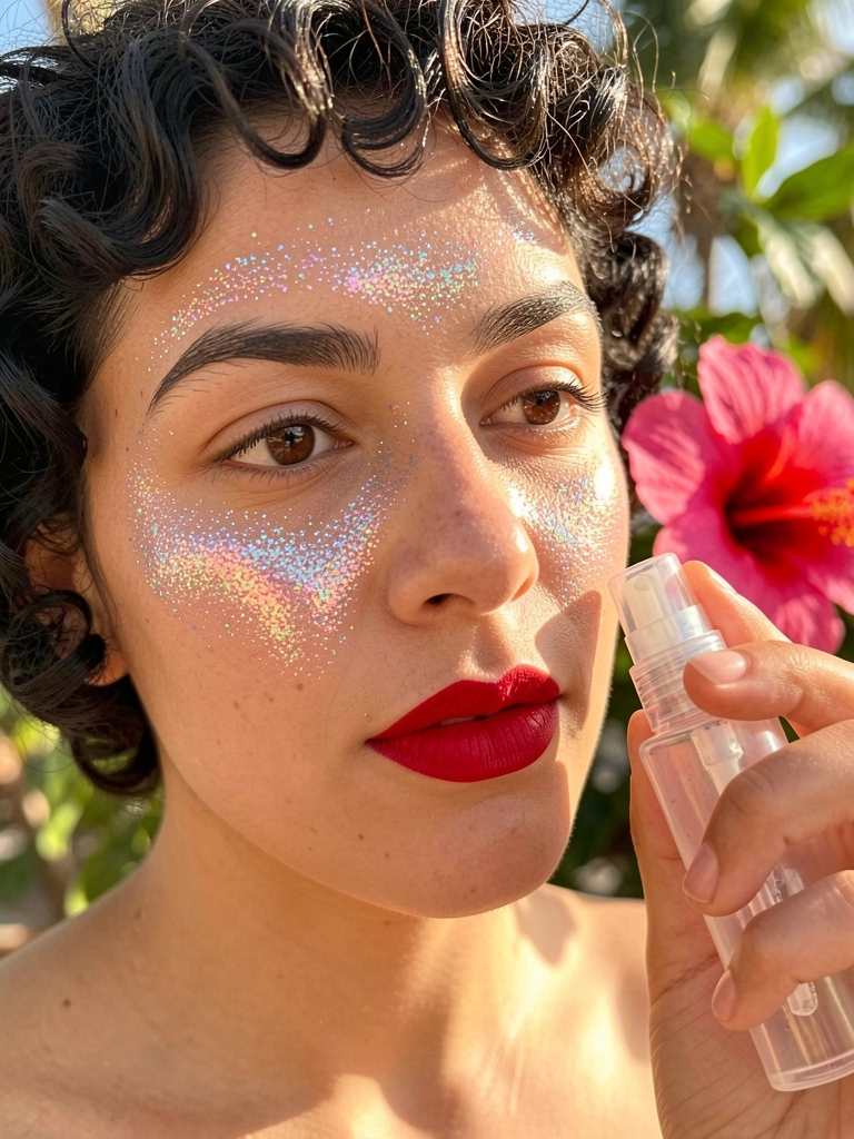 Close-up de mulher com cabelo cacheado curto, batom vermelho e glitter iridescente no rosto, segurando gel e spray fixador, com flor de hibisco rosa e vermelha desfocada ao fundo e luz natural.