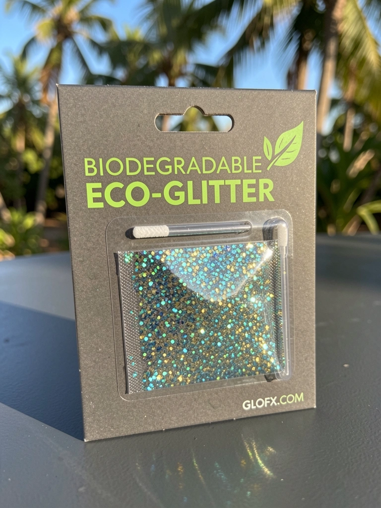 Embalagem de glitter biodegradável com fundo cinza escuro, letras verdes 