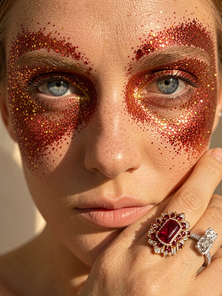 Close-up de olhos azuis com glitter vermelho e dourado espalhado sobre maçãs do rosto e testa, anéis de diamante e rubi em mãos sobre fundo neutro com luz solar.