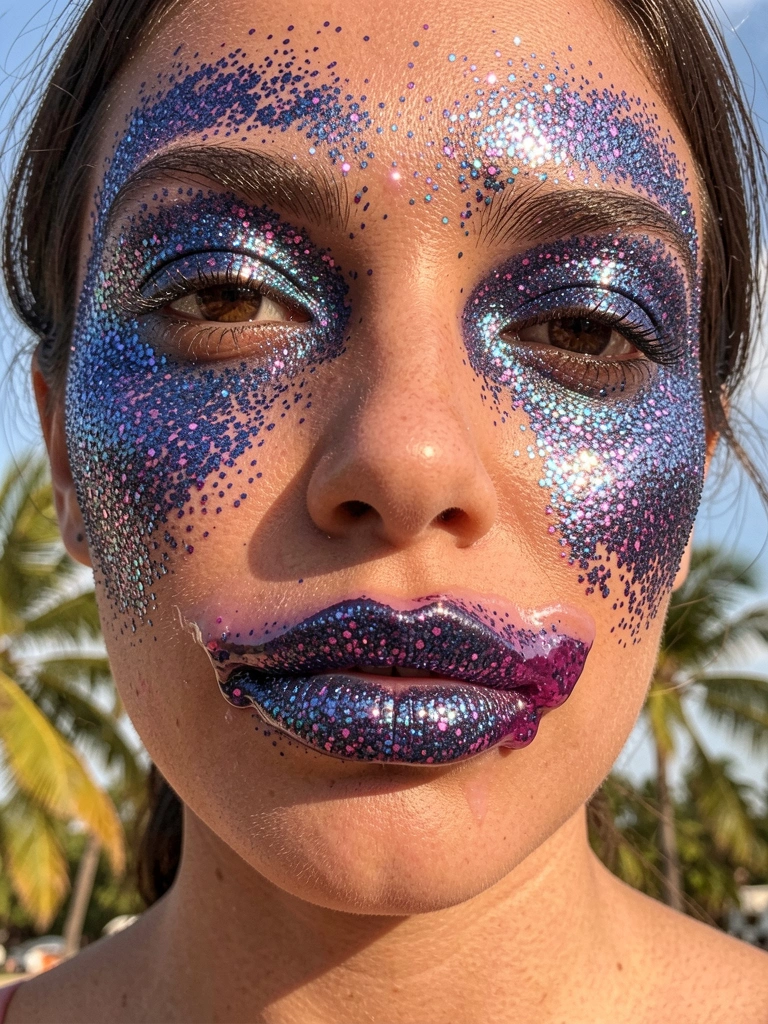 Close-up de rosto feminino com maquiagem densa de glitter azul, roxo e rosa, textura brilhante e detalhes de slime ao redor da boca e nariz, luz natural difusa.