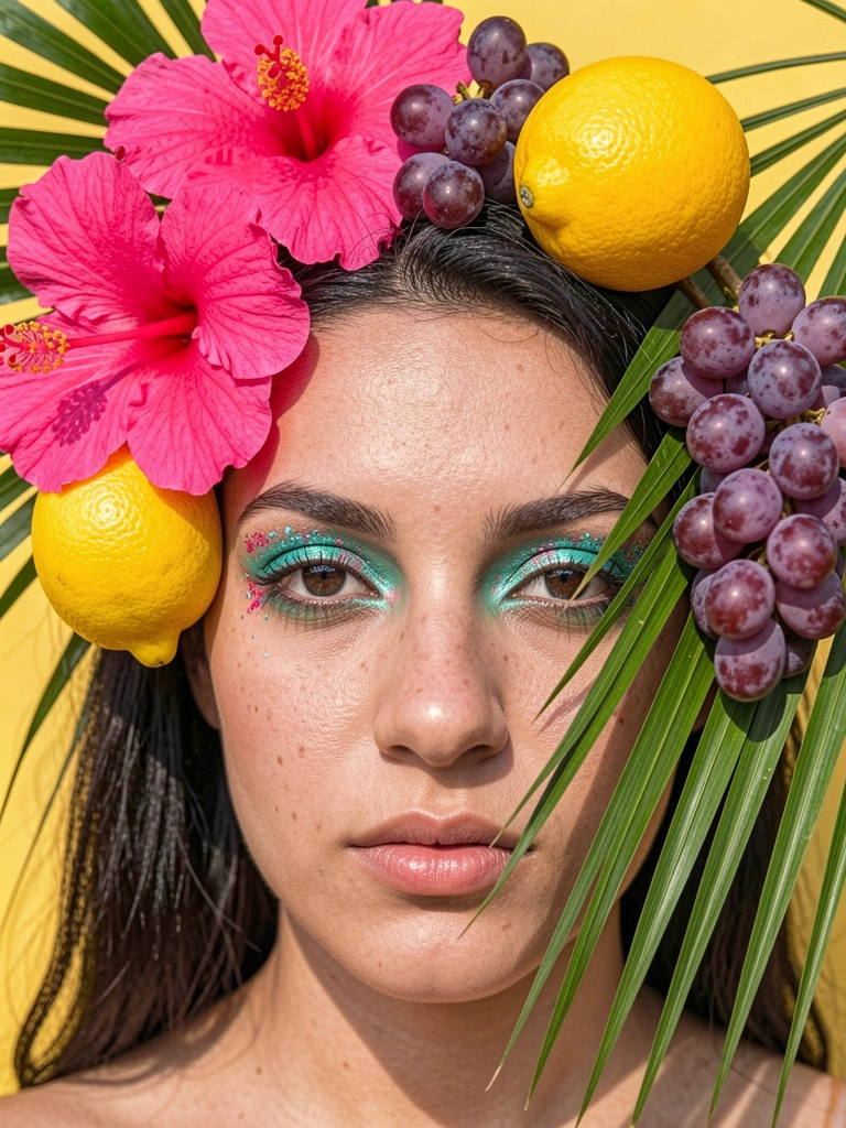 Jovem com cabelo escuro, frutas tropicais e flores ao redor do rosto, olhos com glitter turquesa e rosa, fundo amarelo, luz suave.