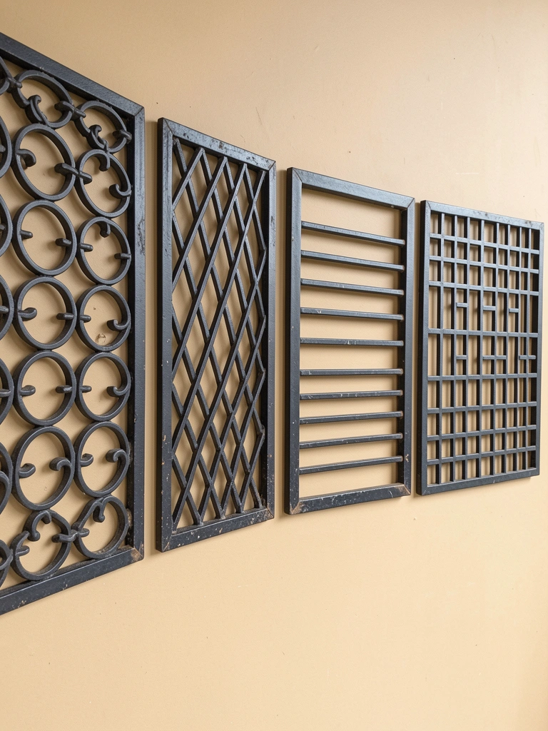 Colagem com quatro modelos de grade para janela: elo, pantográfica, veneziana e mosaico.