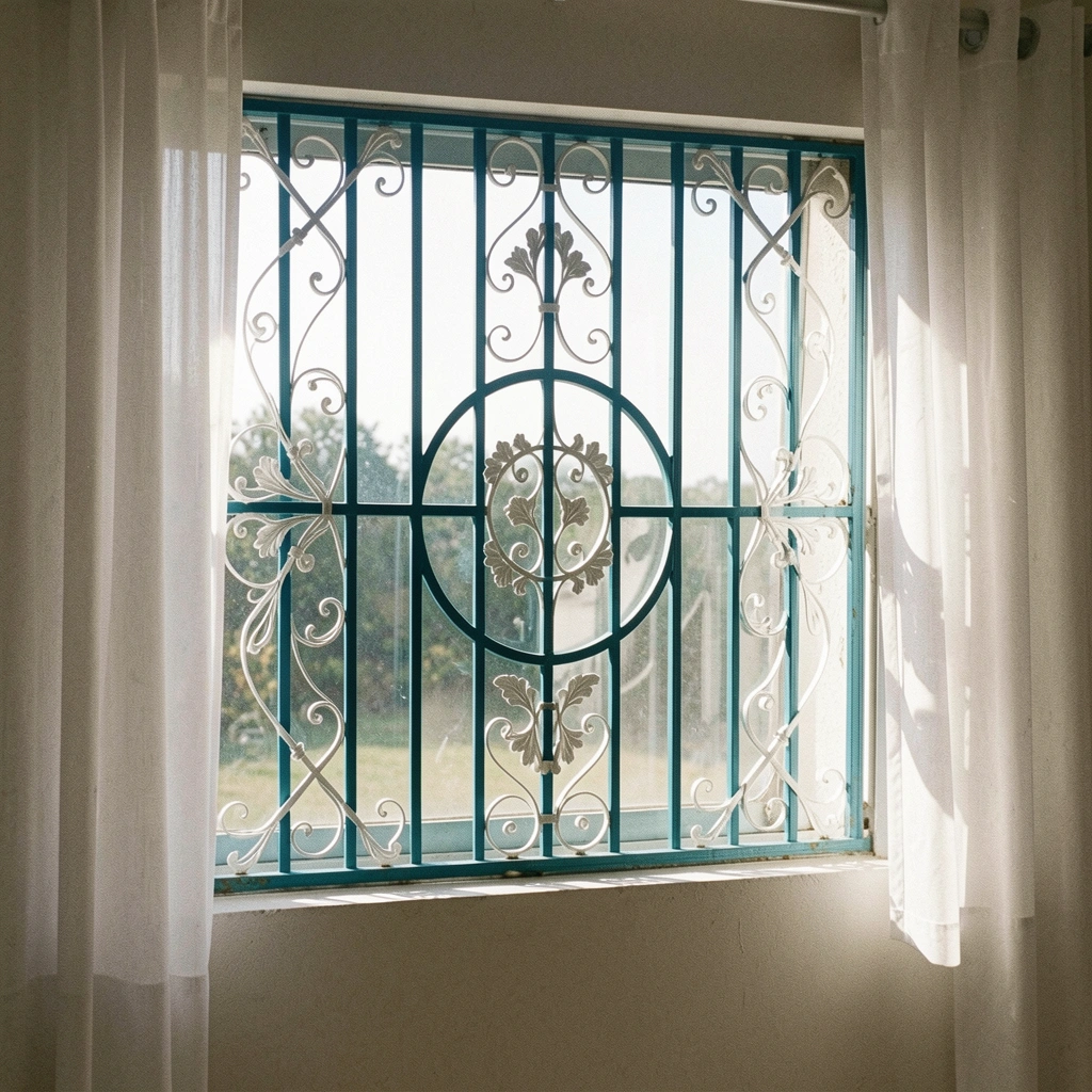 Sala com grade veneziana e cortinas claras, luz natural filtrada.