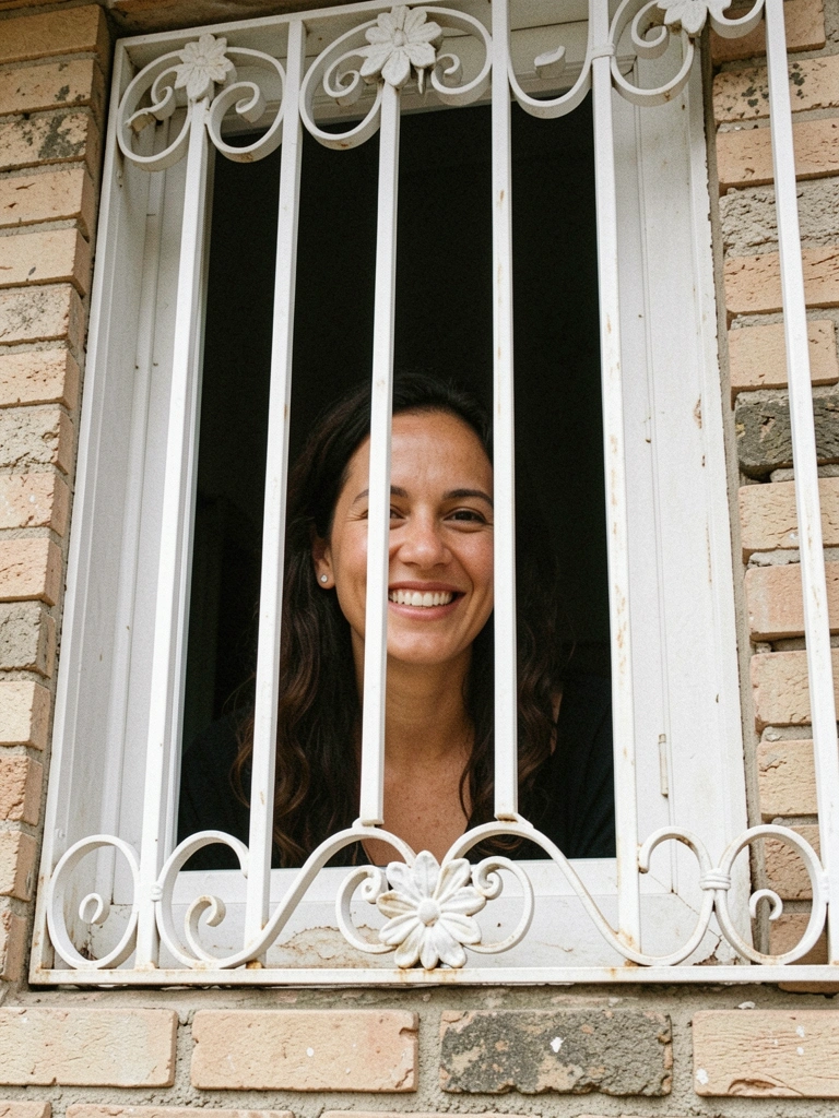 Pessoa sorrindo ao lado de janela com grade decorativa, luz natural entrando.