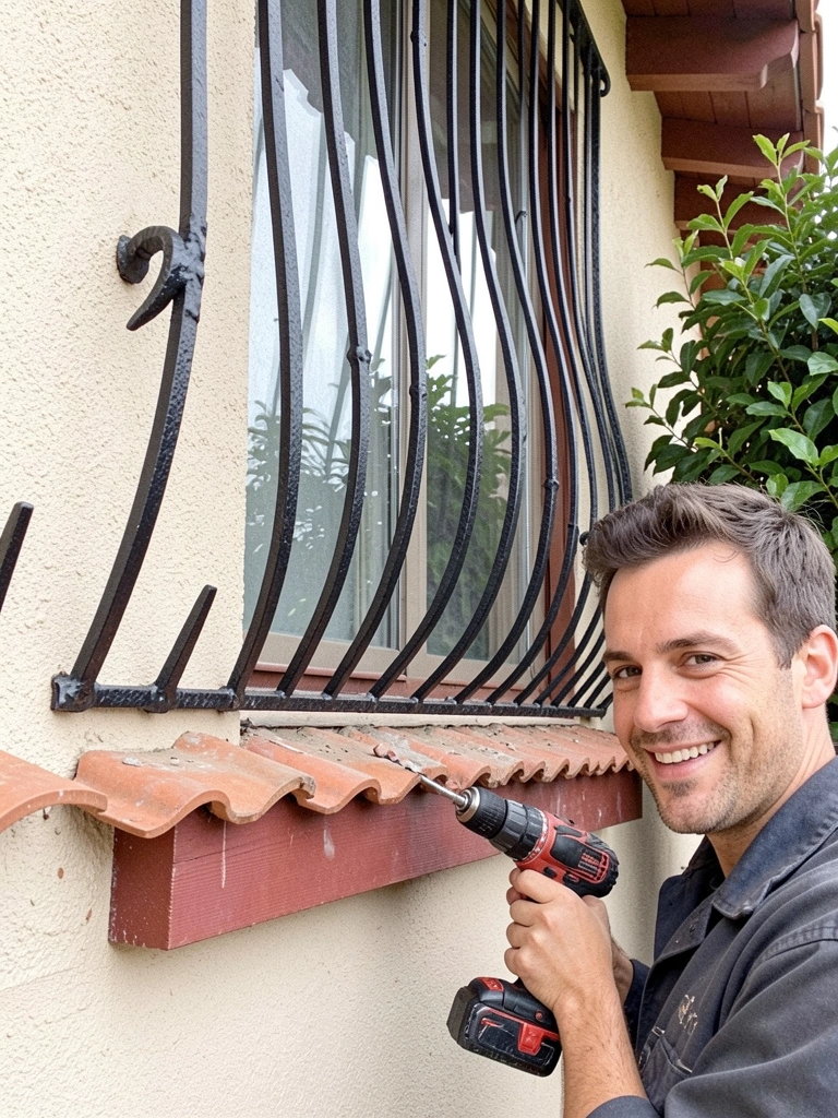 Profissional usando furadeira para instalar grade em janela.
