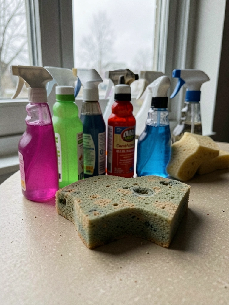 Garrafas de spray e esponjas sobre uma mesa de madeira