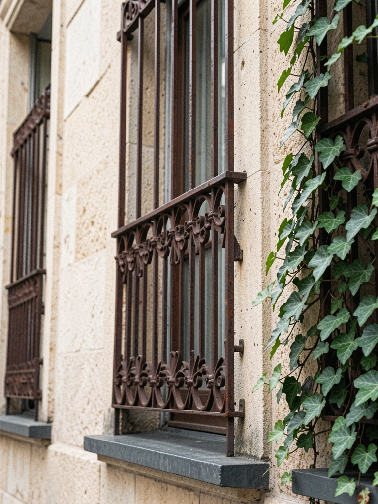 Fachada de prédio com grades padronizadas em todas as janelas, vista em ângulo frontal.