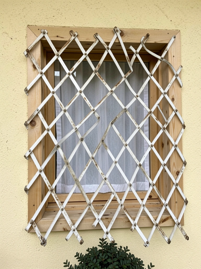 Grade pantográfica aberta em janela de cozinha, com vista para área externa.